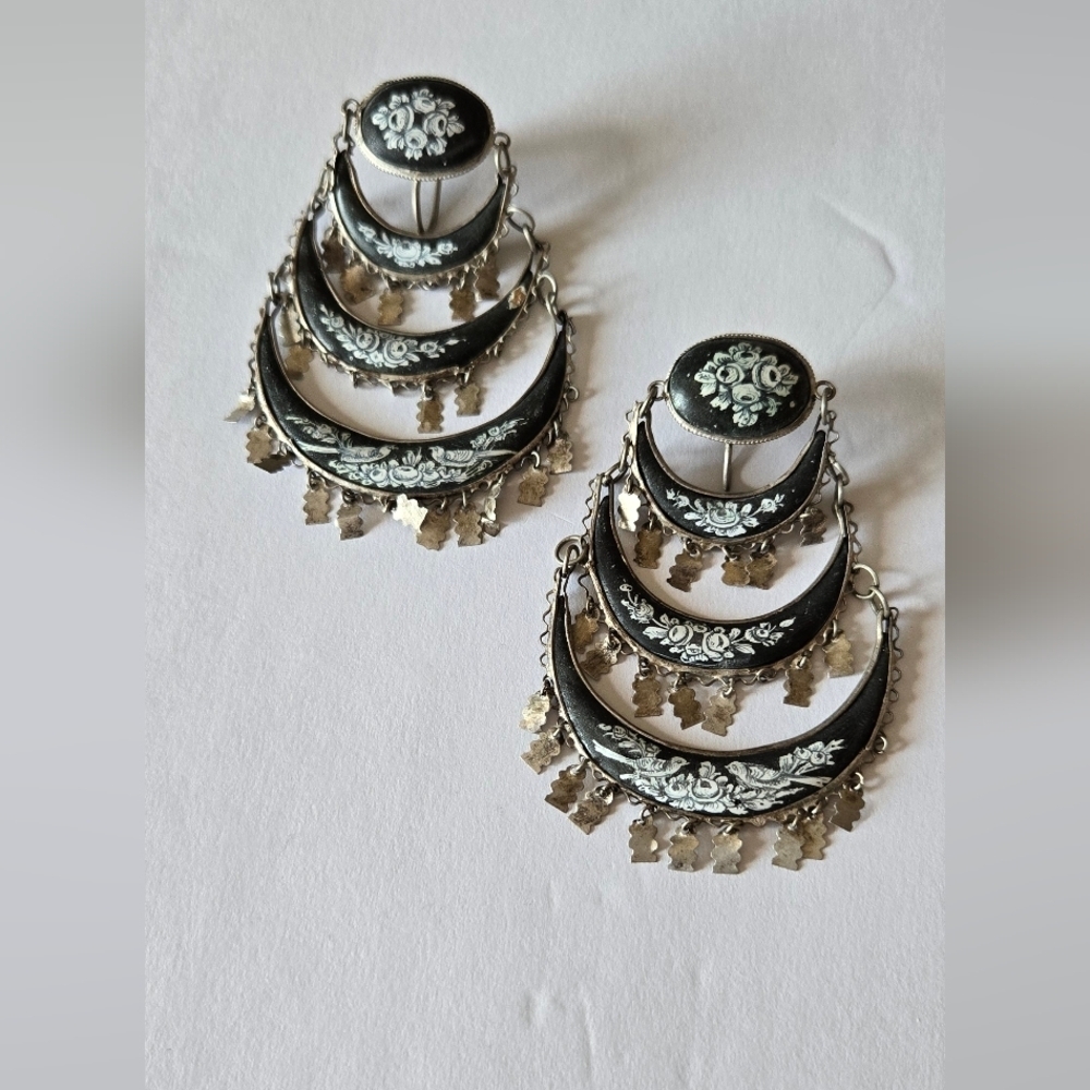 Persian Antique Earrings Sterling Chandellier Clip On Enamel - Picture 12 of 12
